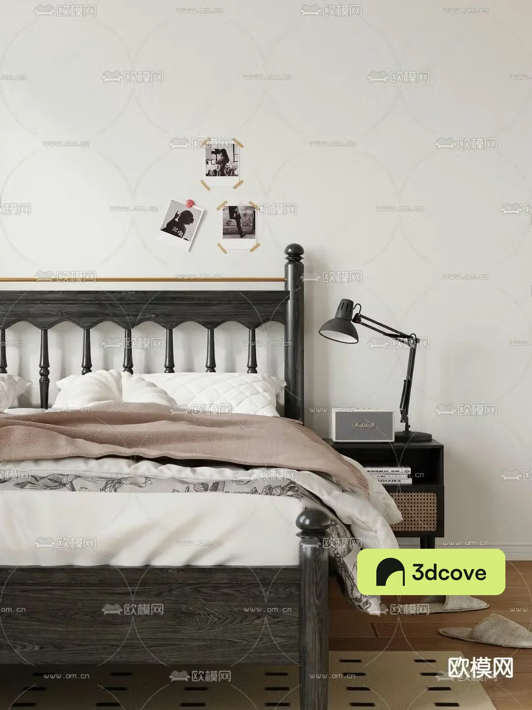Double bed black solid wood bed