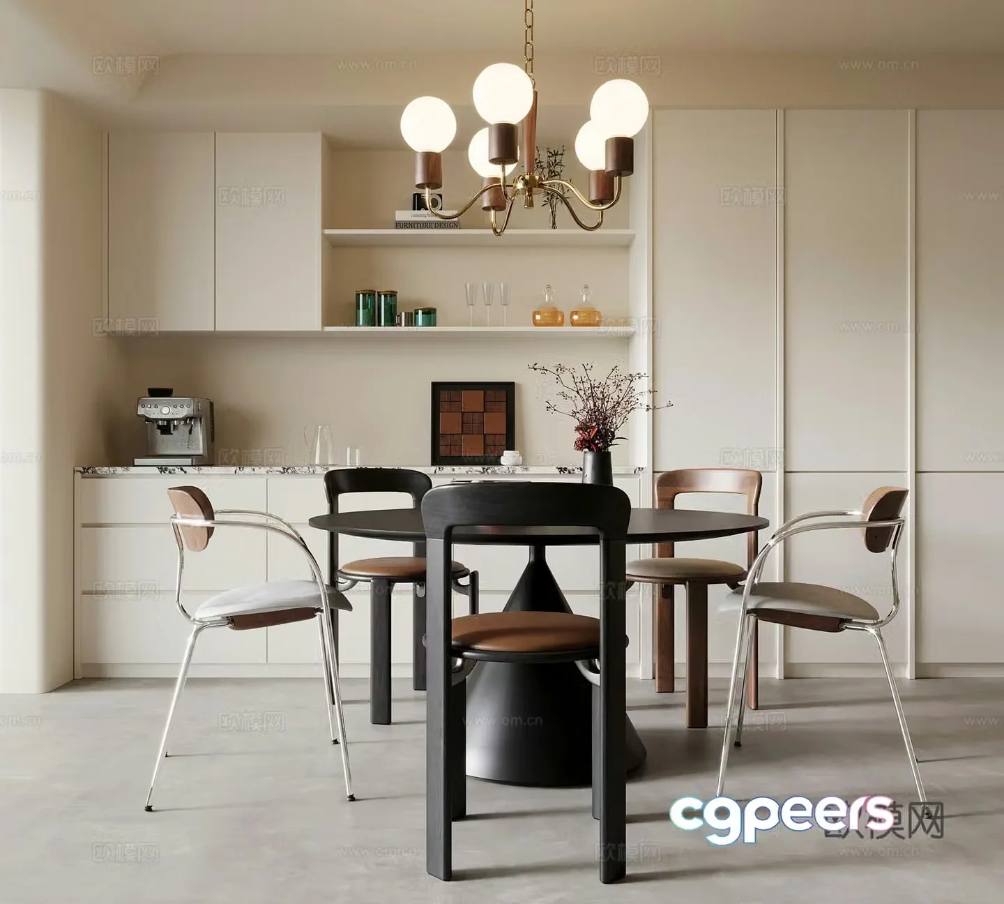 Middle-aged restaurant dining table and chairs wine cabinet 3d model