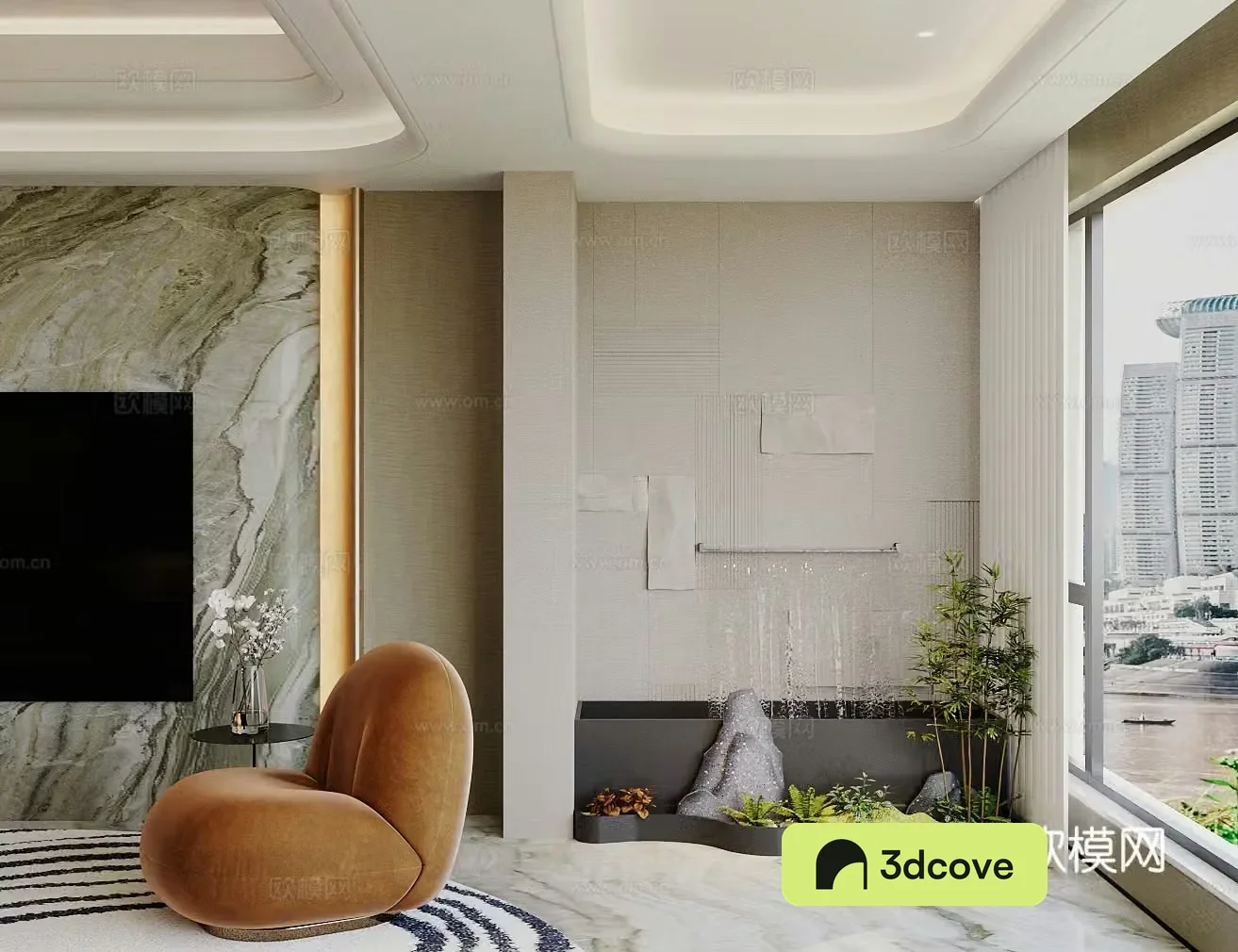 Modern interior landscape balcony landscape combination flowing water ornaments simulated green plant landscaping