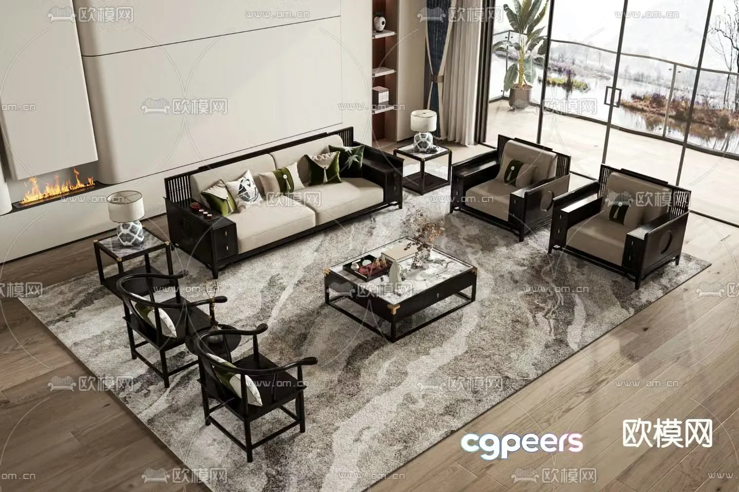 New Chinese style modular sofa leather sofa 3d model