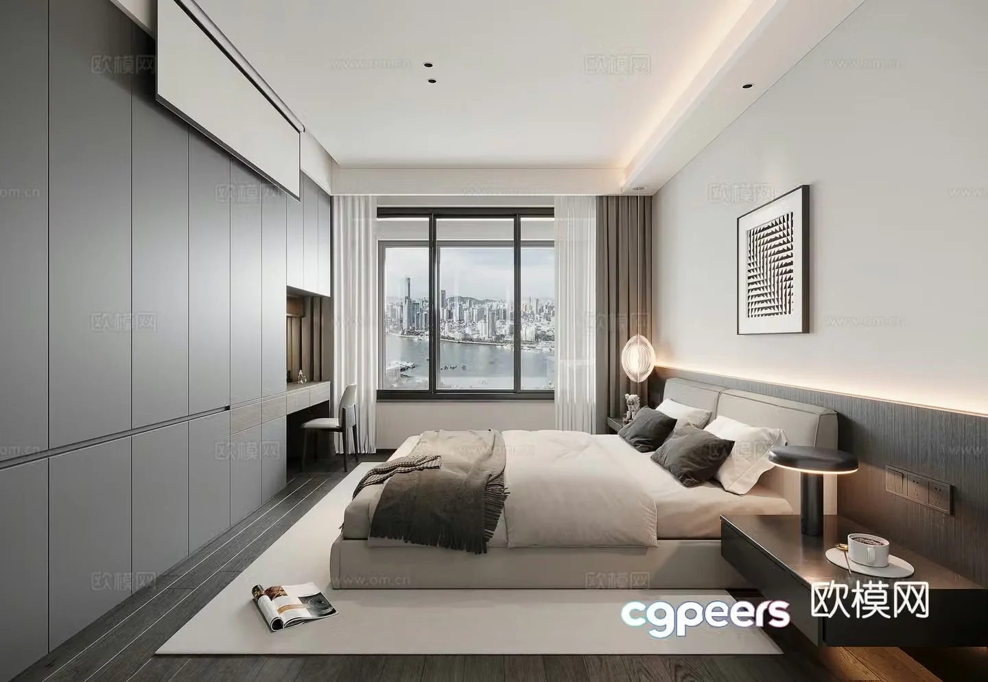 Modern minimalist black white and gray bedroom 3d model