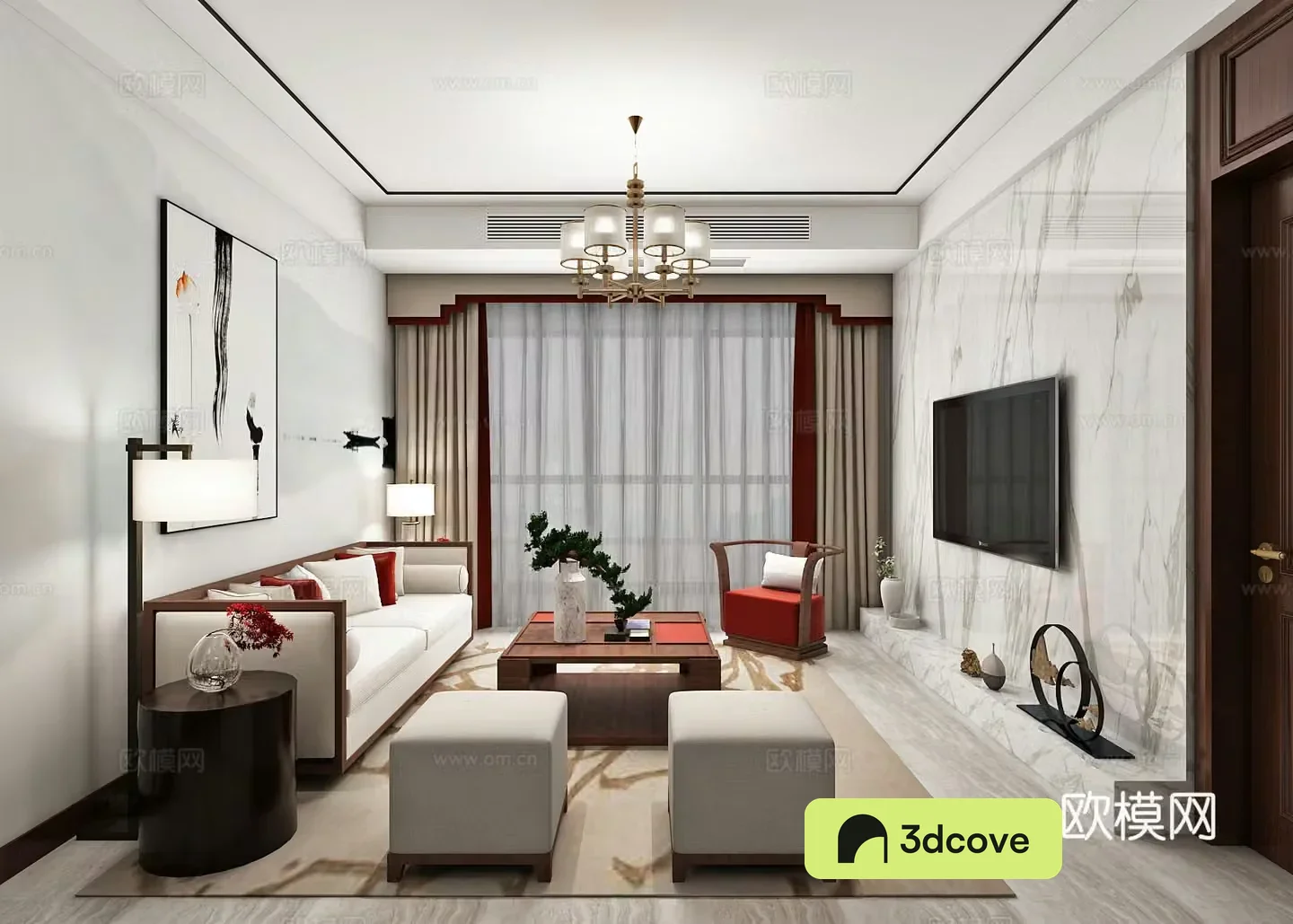 New Chinese style living room and dining room sofa coffee table chandeliers TV cabinet hanging painting side cabinet