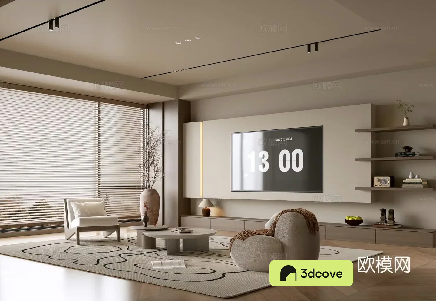 The ancient TV background wall of the TV cabinet and the background wall of the modern Wasabi style living room The ancient style 3D model