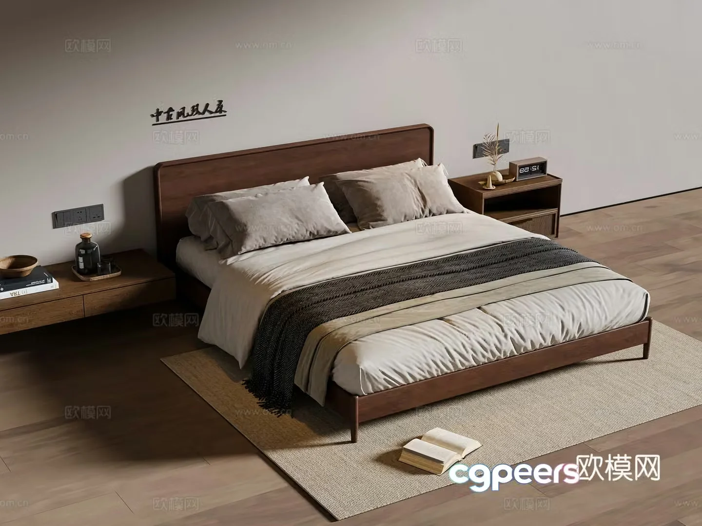 Medium style double bed solid wood double bed bed nightstand carpet 3d model