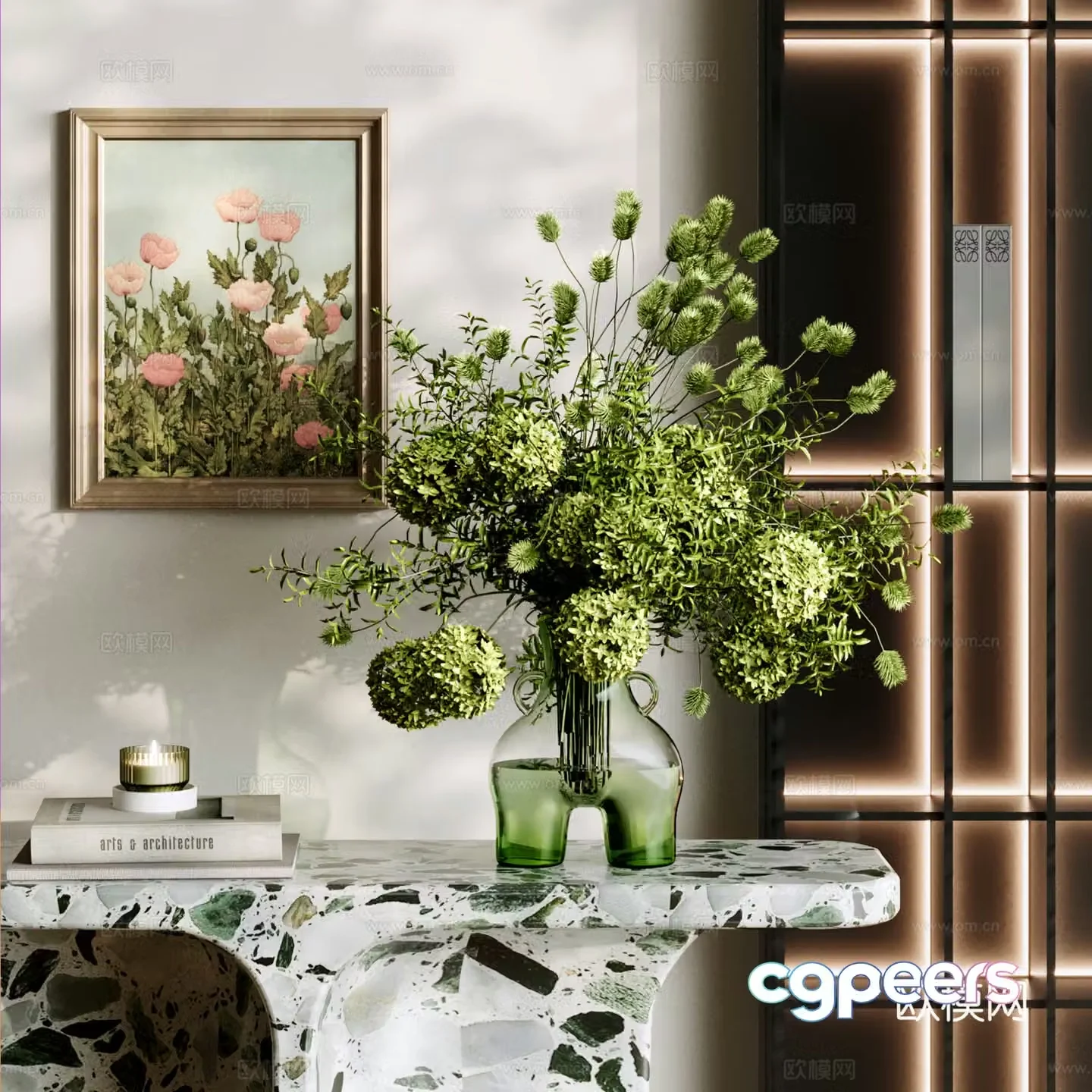 Modern floral ornaments Glass vase Books and accessories Artistic flower arrangement Flowers and flowers Mysterious 3D model