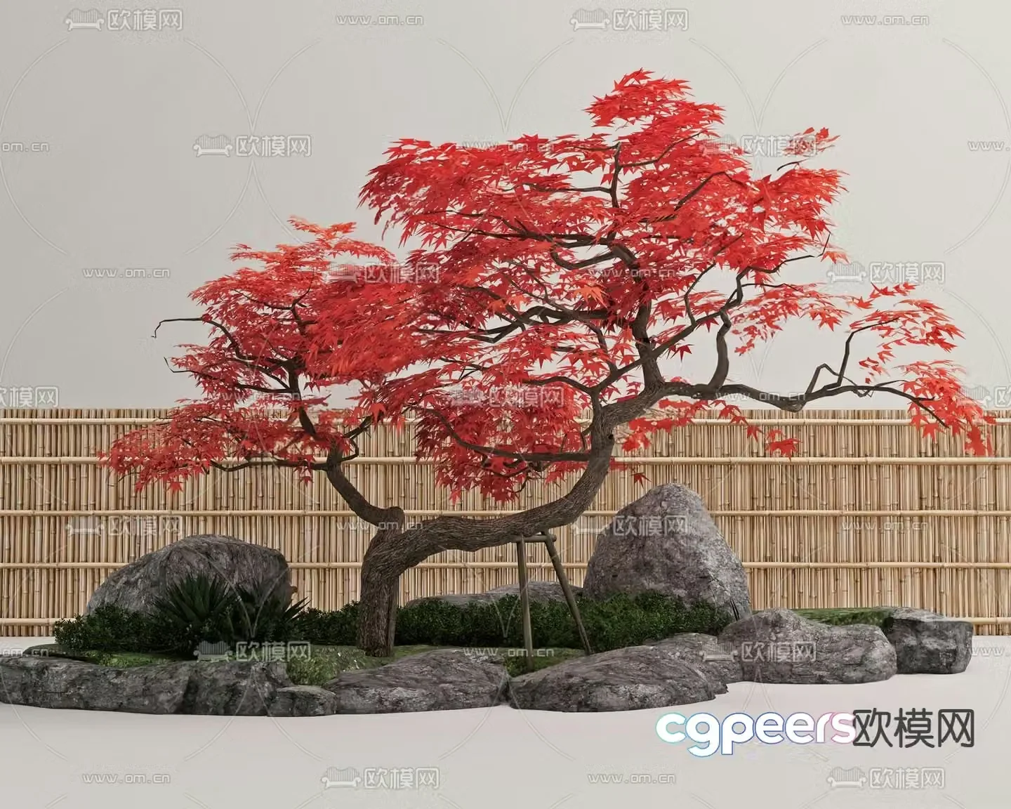 Landscape sketch moss green plants red maple tree 3D model