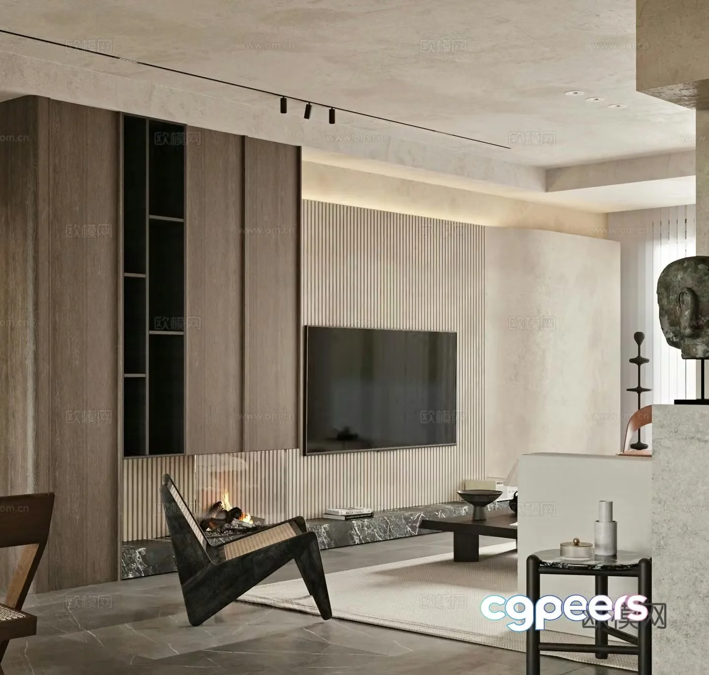 Wasabi Japanese style living room sofa combination retro leisure chair TV background wall 3d model