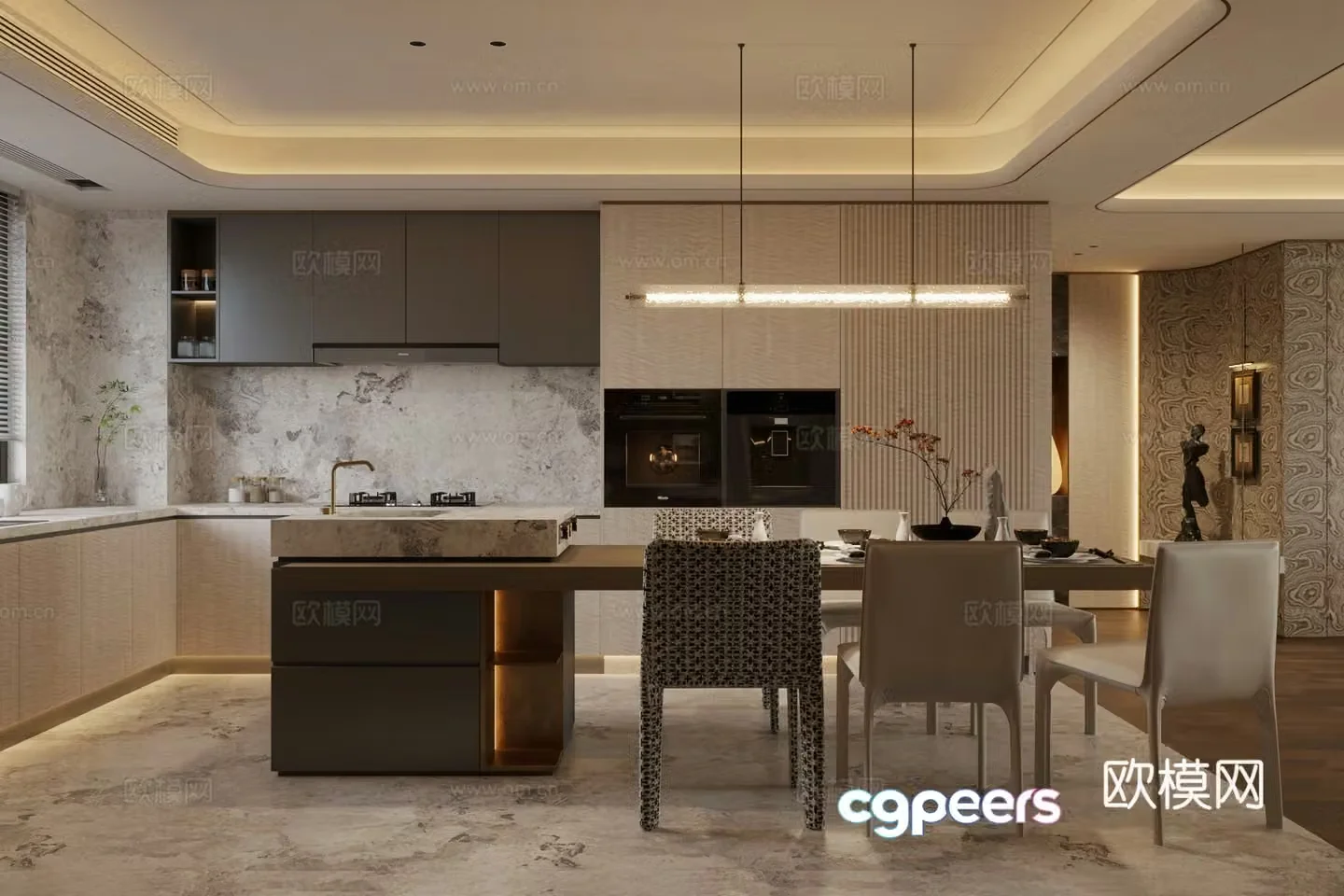 Light luxury Italian island restaurant Open restaurant Kitchen restaurant Integrated kitchen and kitchen marble island 3D model