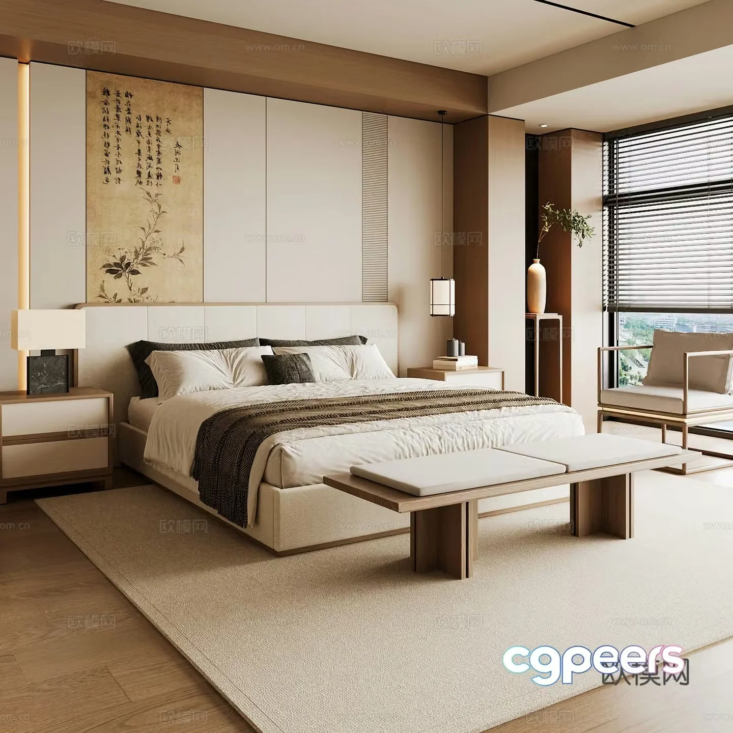 New Chinese style home bedroom Song family aesthetic bedroom Song style bedroom New Chinese style double bed New Chinese 3D model