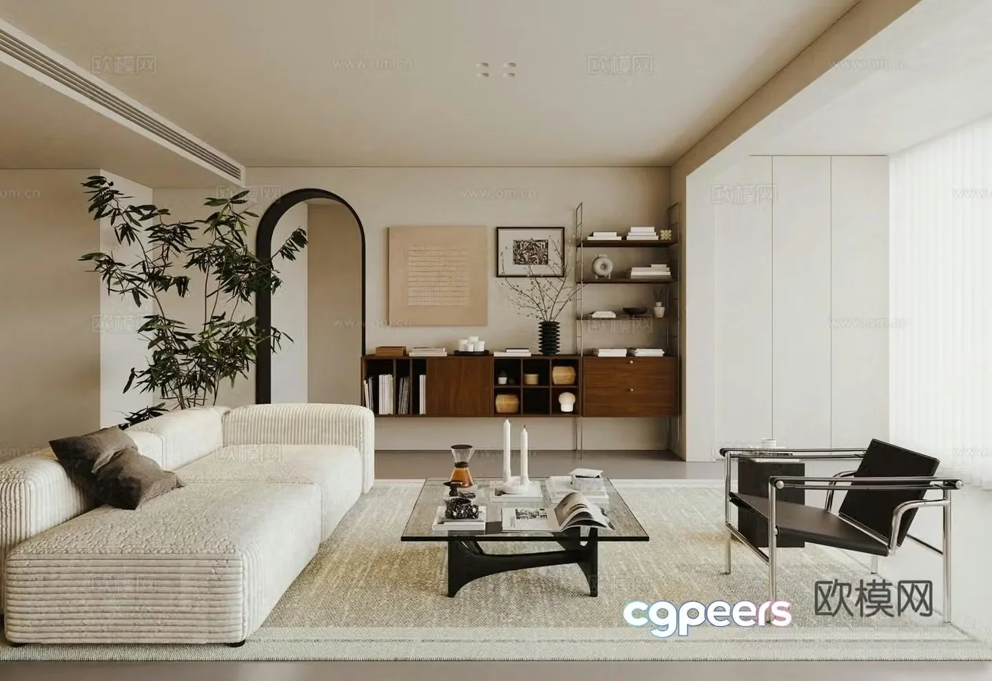 Modern medieval style living room_sofa coffee table_green plants_decorative ornaments_track bookshelf_open storage 3D model