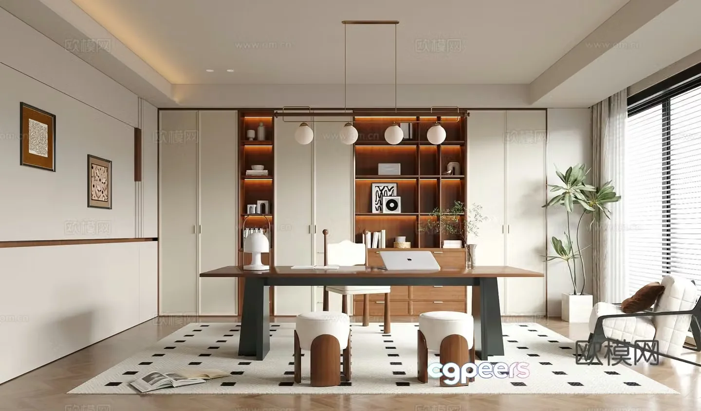 Modern medieval style study bookcase desk and chair combination 3D model