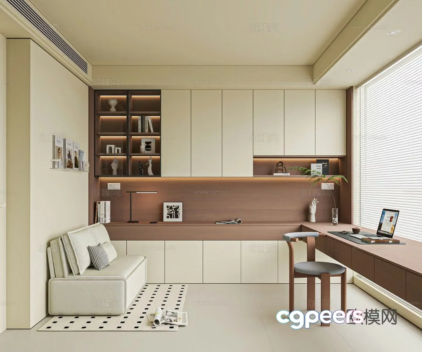 Modern Cream Study Room Floating Desk Tofu Block Sofa Custom Bookcase 3D Model