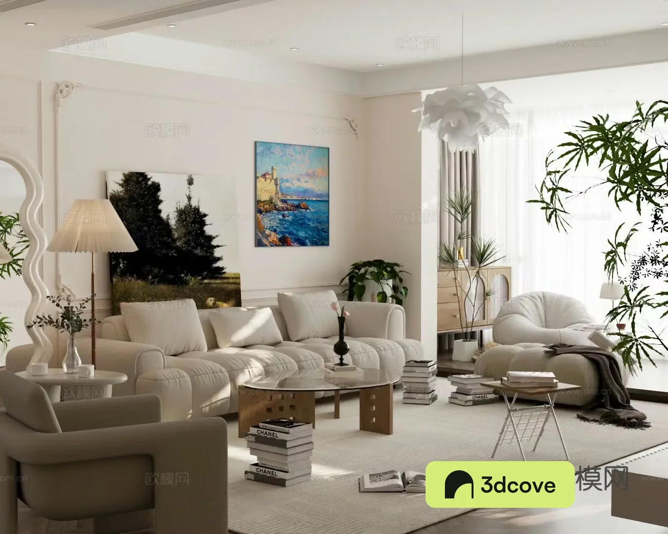 Cream home living room sofa coffee table combination decorative painting carpet floor lamp