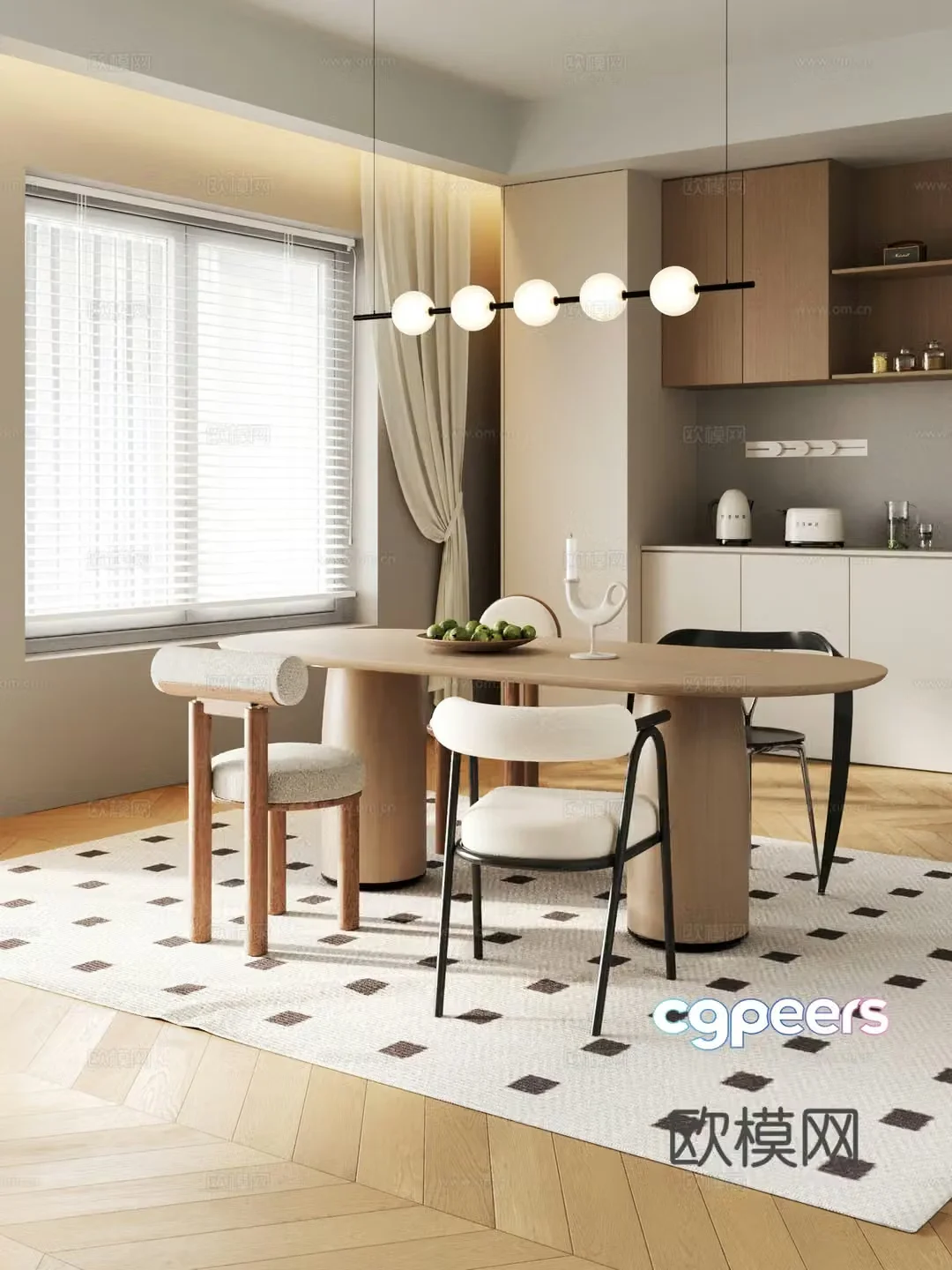 Modern Cream Style Restaurant Dining Table Wine Cabinet 3D Model