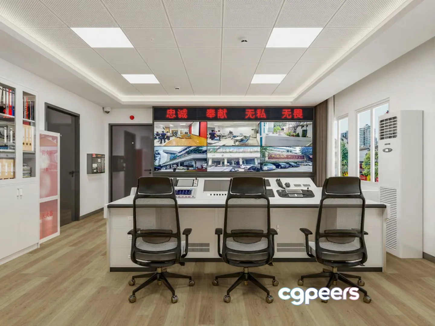 A Control Room With A Large Screen And Three Chairs 3D Model – 6055 – VRAY Render