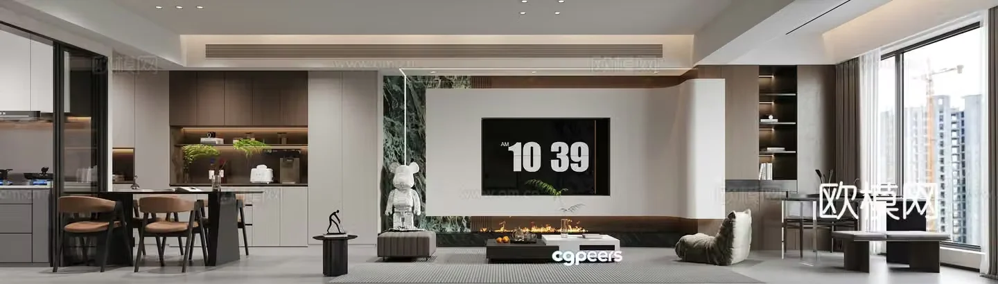 Modern living and dining room 3d model