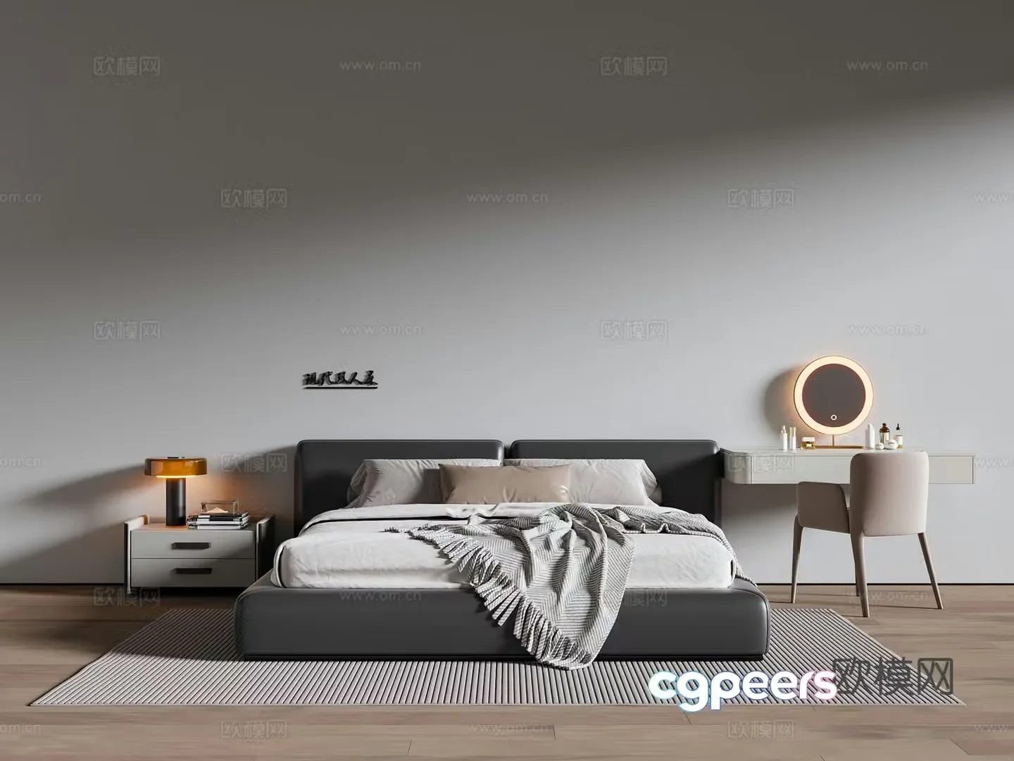 Modern Italian double bed leather double bed bed nightstand dressing table carpet 3d model