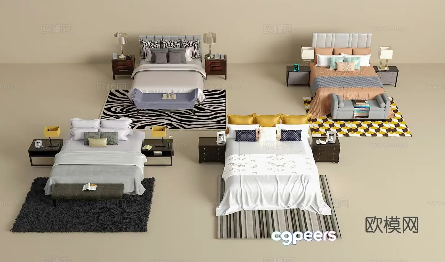 Double bed combination bedside table jewelry ornaments desk lamp carpet pillow 3D model
