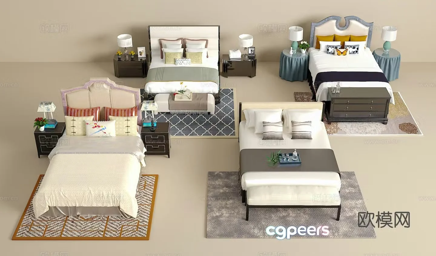 Double bed combination bedside table jewelry ornaments desk lamp carpet pillow 3D model