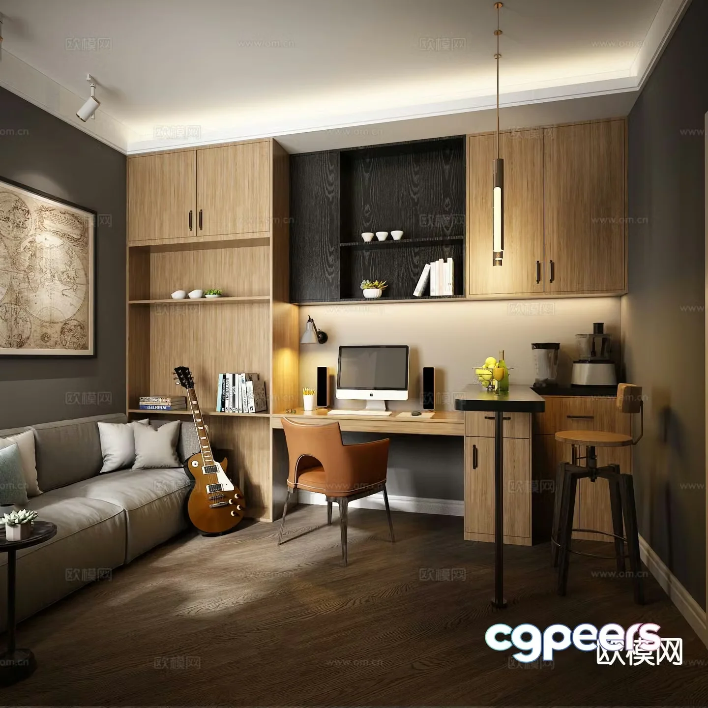 Modern study guitar room 3d model