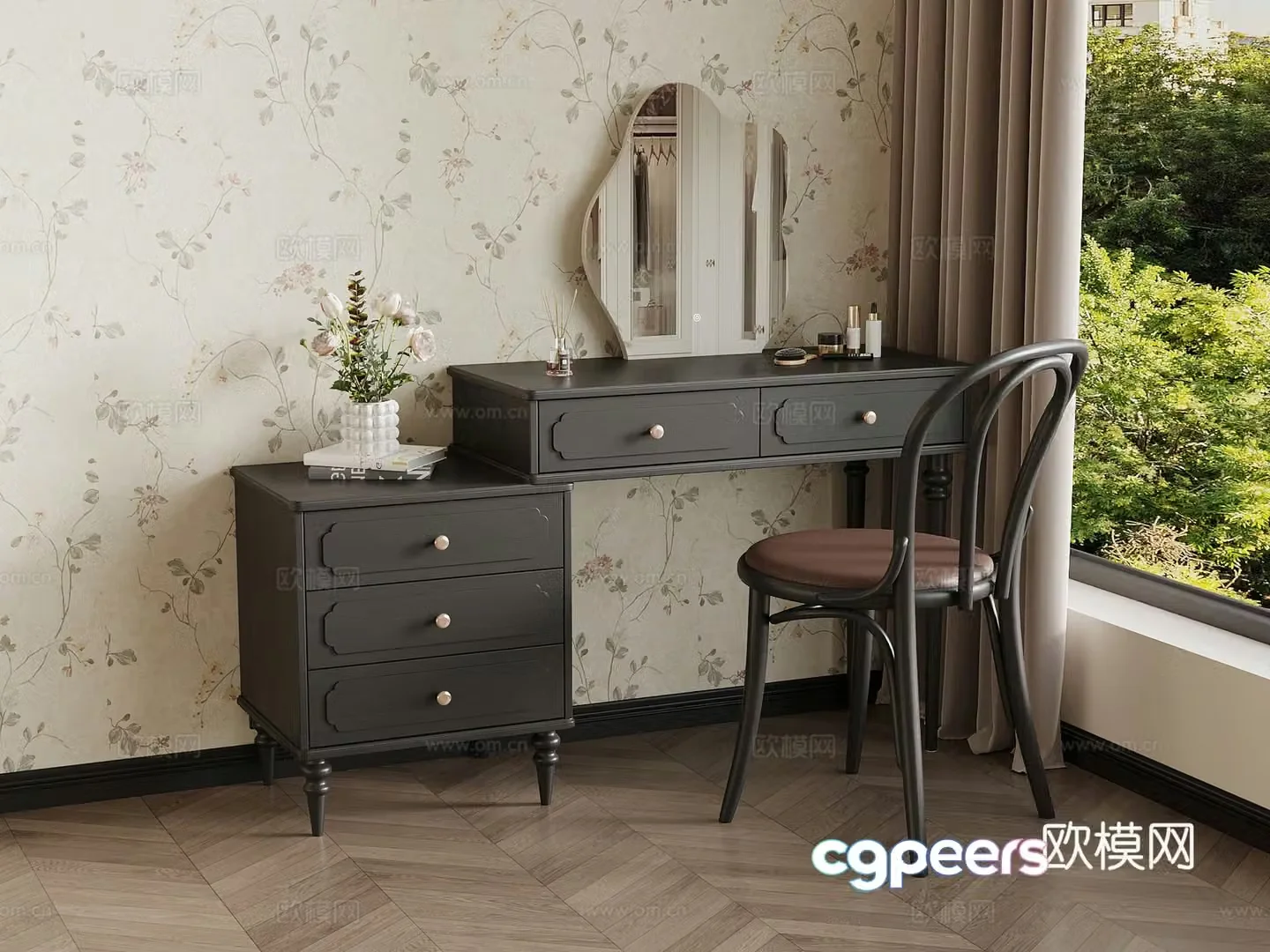 Dressing table French retro style dressing table chair 3d model