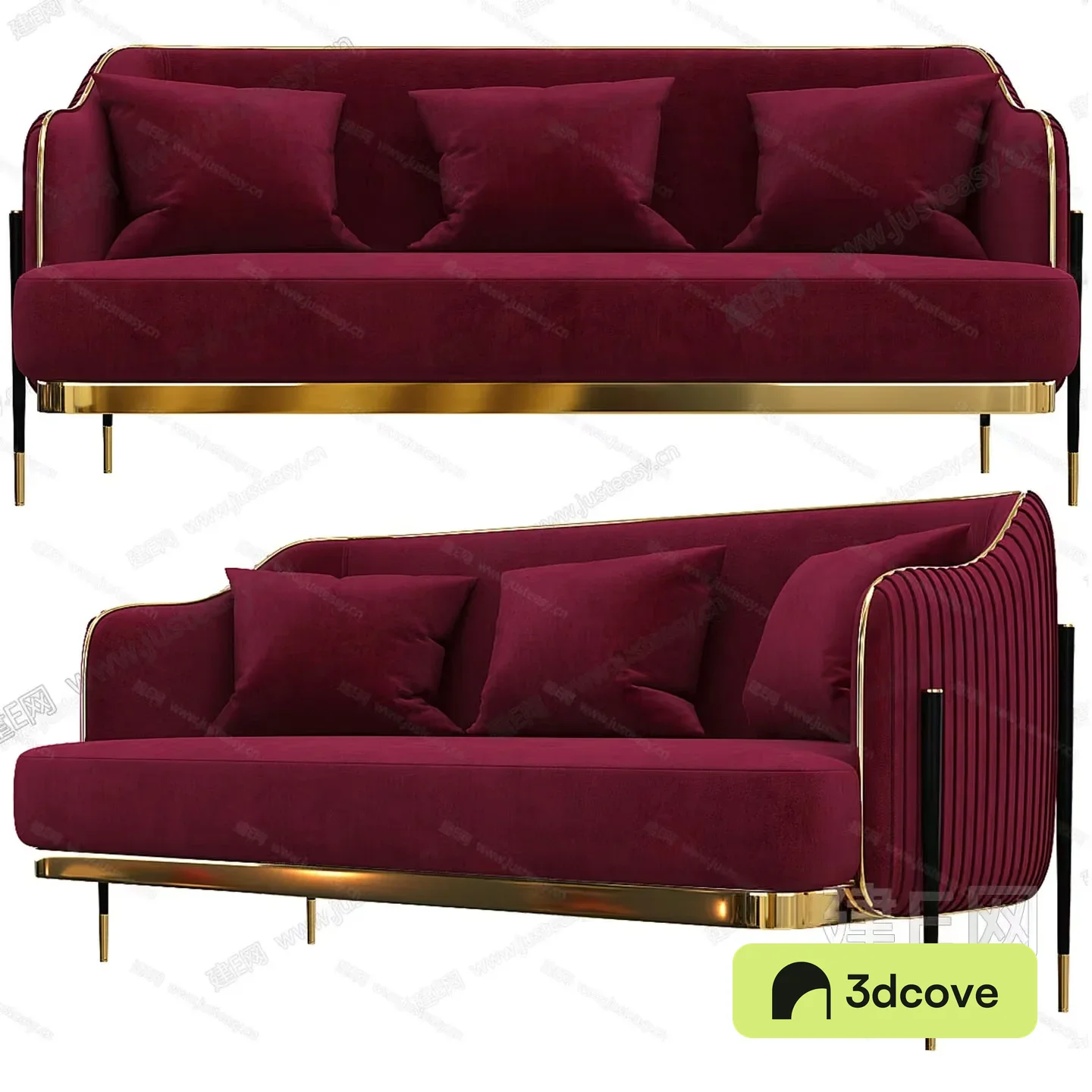 A Red Velvet Sofa With Gold Accents
