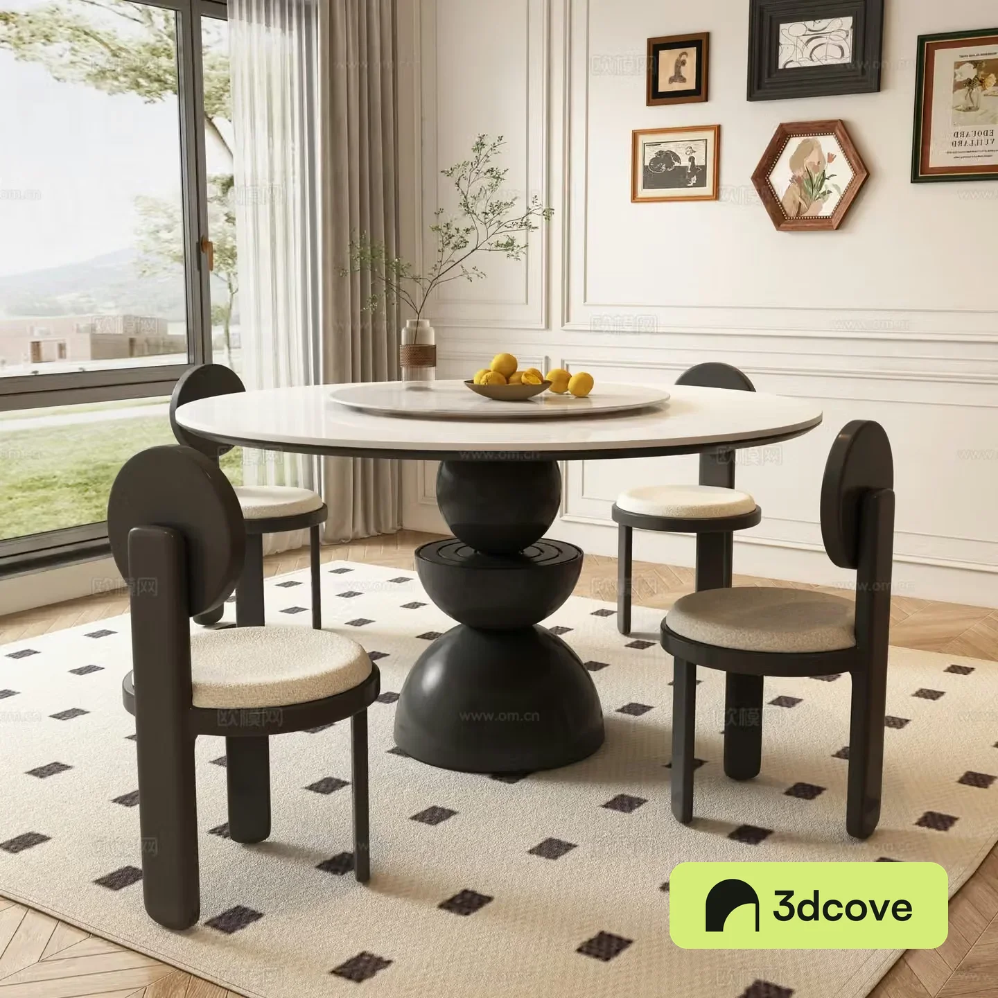French round dining table and chairs 3d model