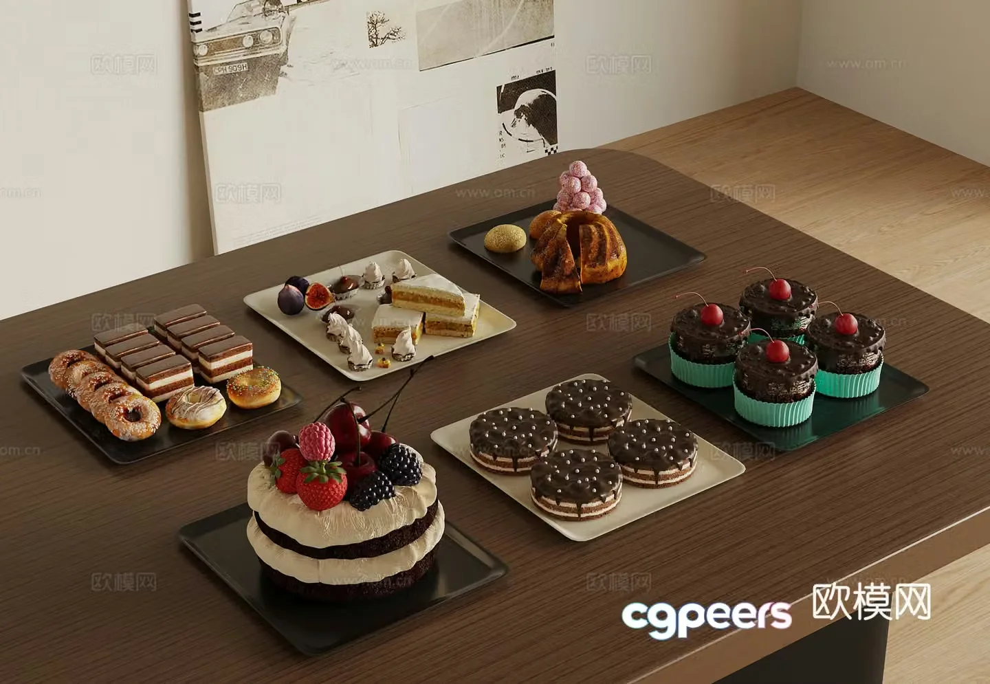 Modern wine and food pastry cake dessert 3d model
