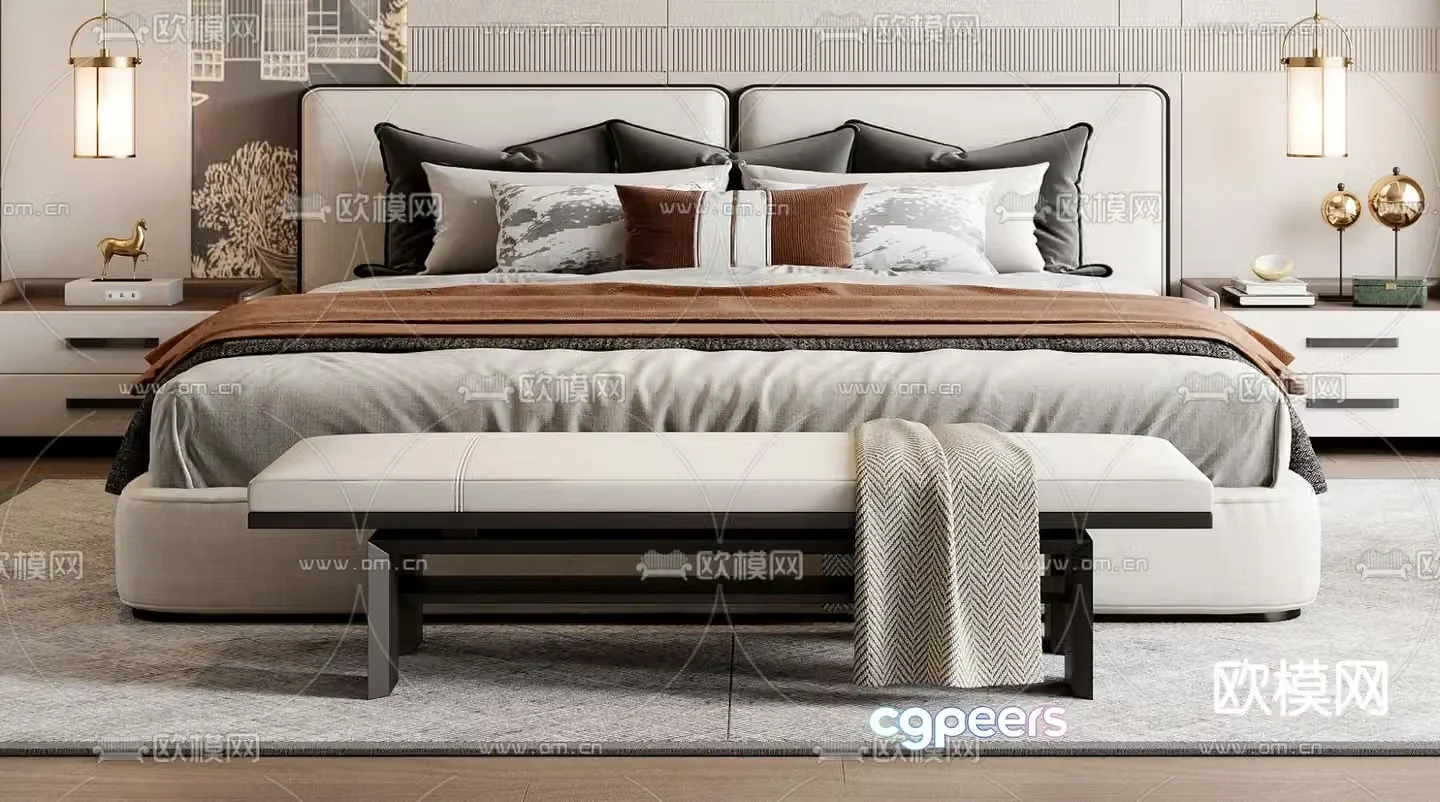 New Chinese style double bed 3d model