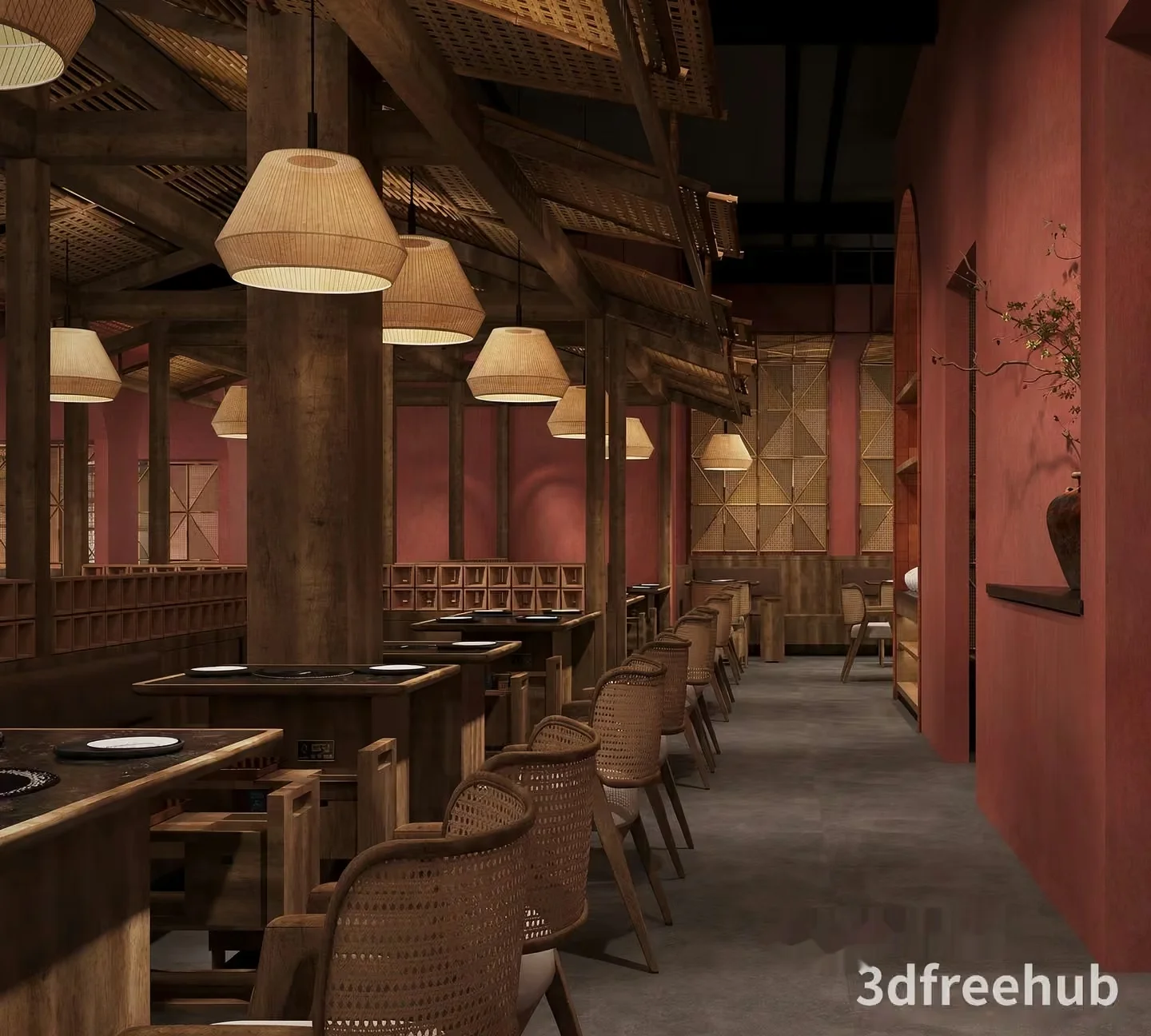 A Restaurant With Wooden Tables And Chairs 3D Model – 22410 – VRAY Render