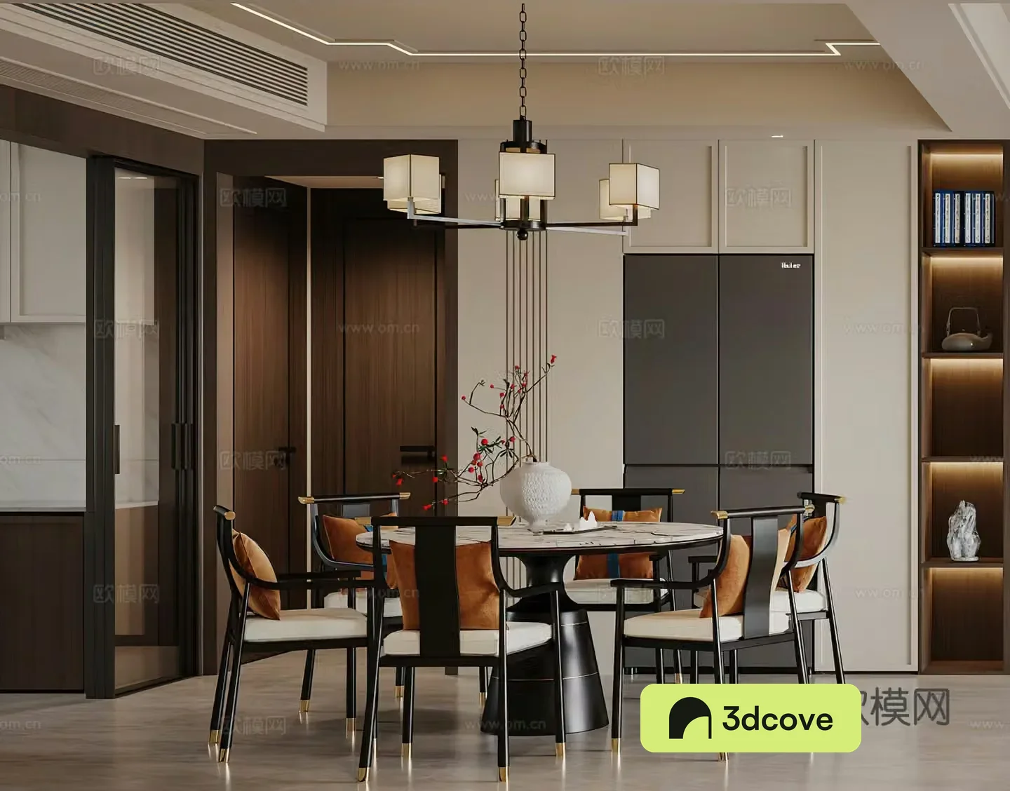New Chinese restaurant wine cabinet round dining table New Chinese living restaurant chandeliers Middle style restaurant 3D model