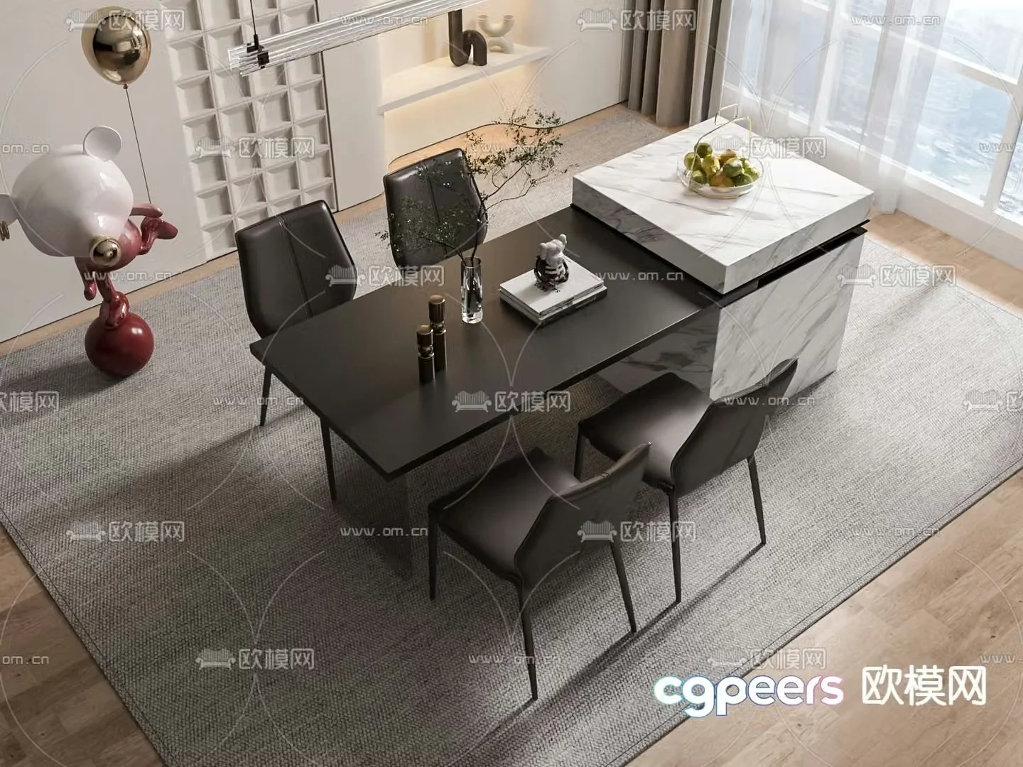 Island dining table and chairs 3d model