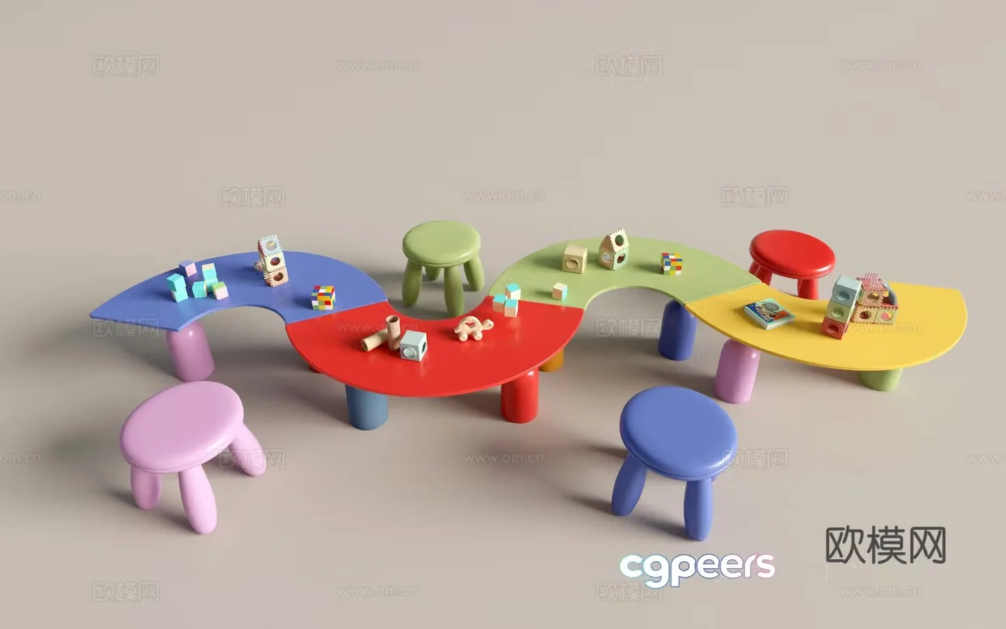 Modern kindergarten table and chairs kindergarten toys child seat combination children’s handmade table cartoon table 3d model