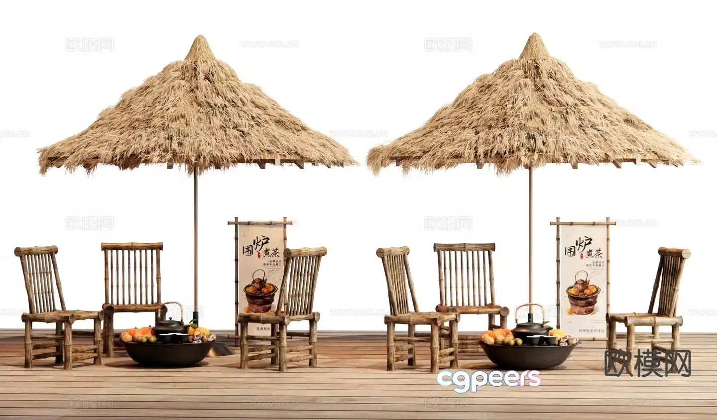 Outdoor tables and chairs making tea by the fire 3D model
