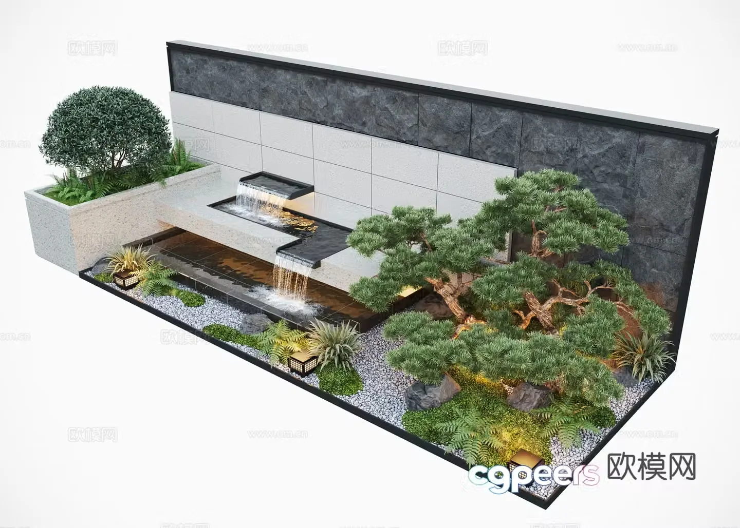 Modern courtyard water view wall stacked water pool pine tree 3d model