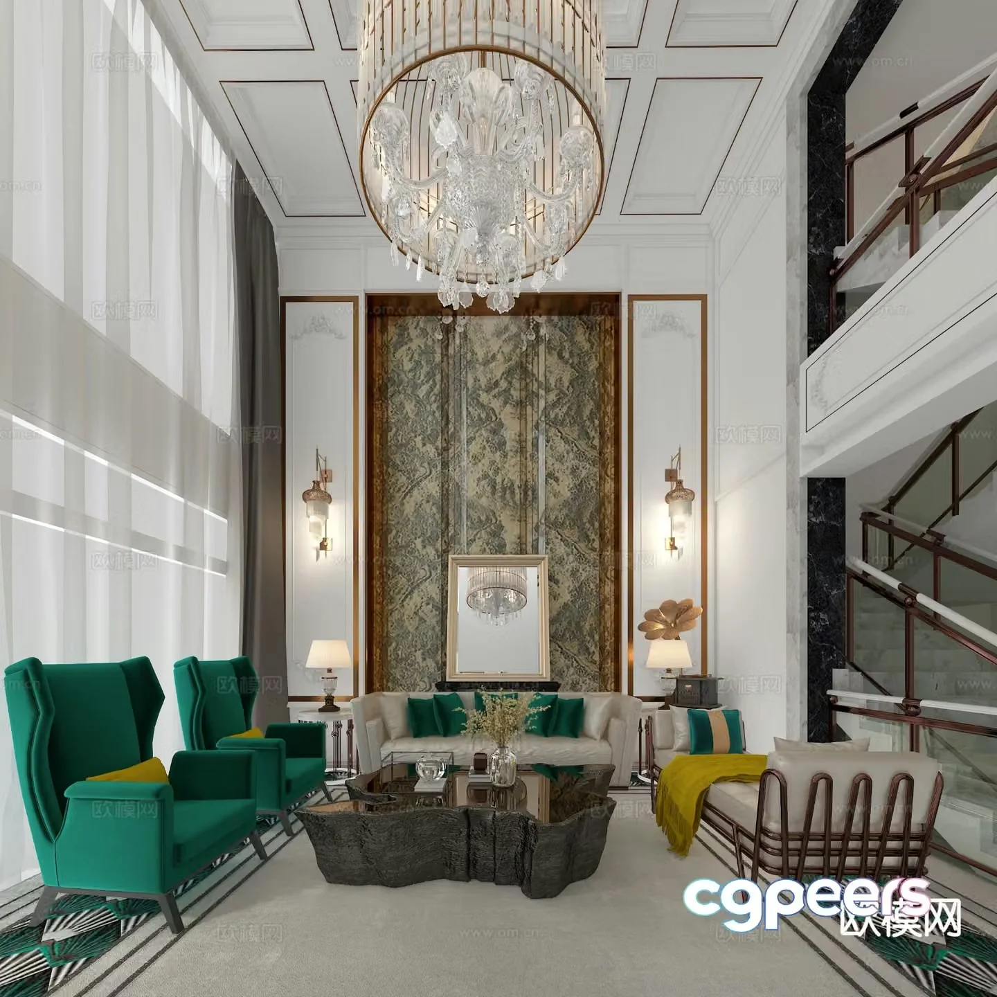 3D model of living room in simple European villa