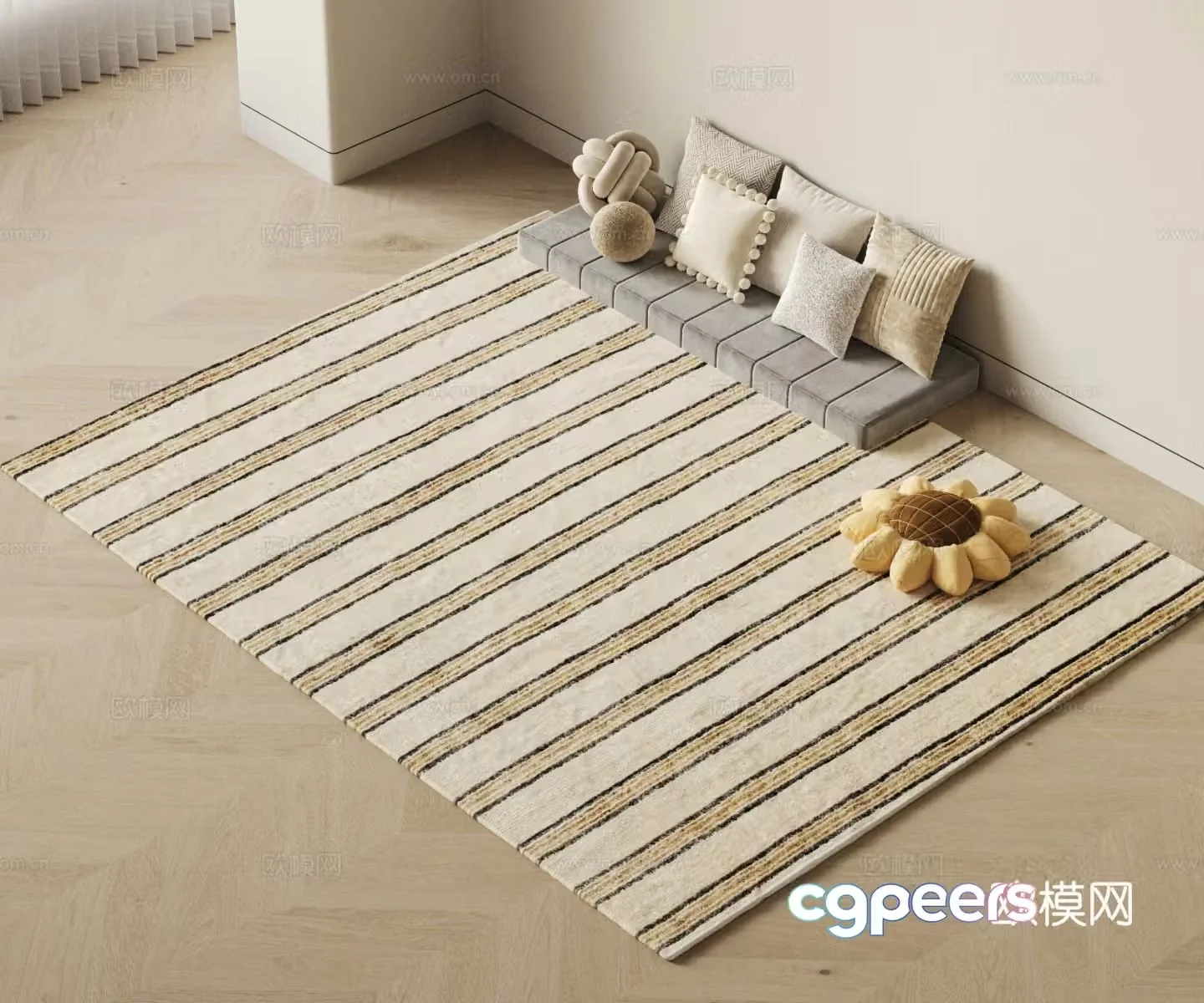 Modern Creamy Carpet Rectangular Carpet Striped Carpet Pillow Cushion 3D Model