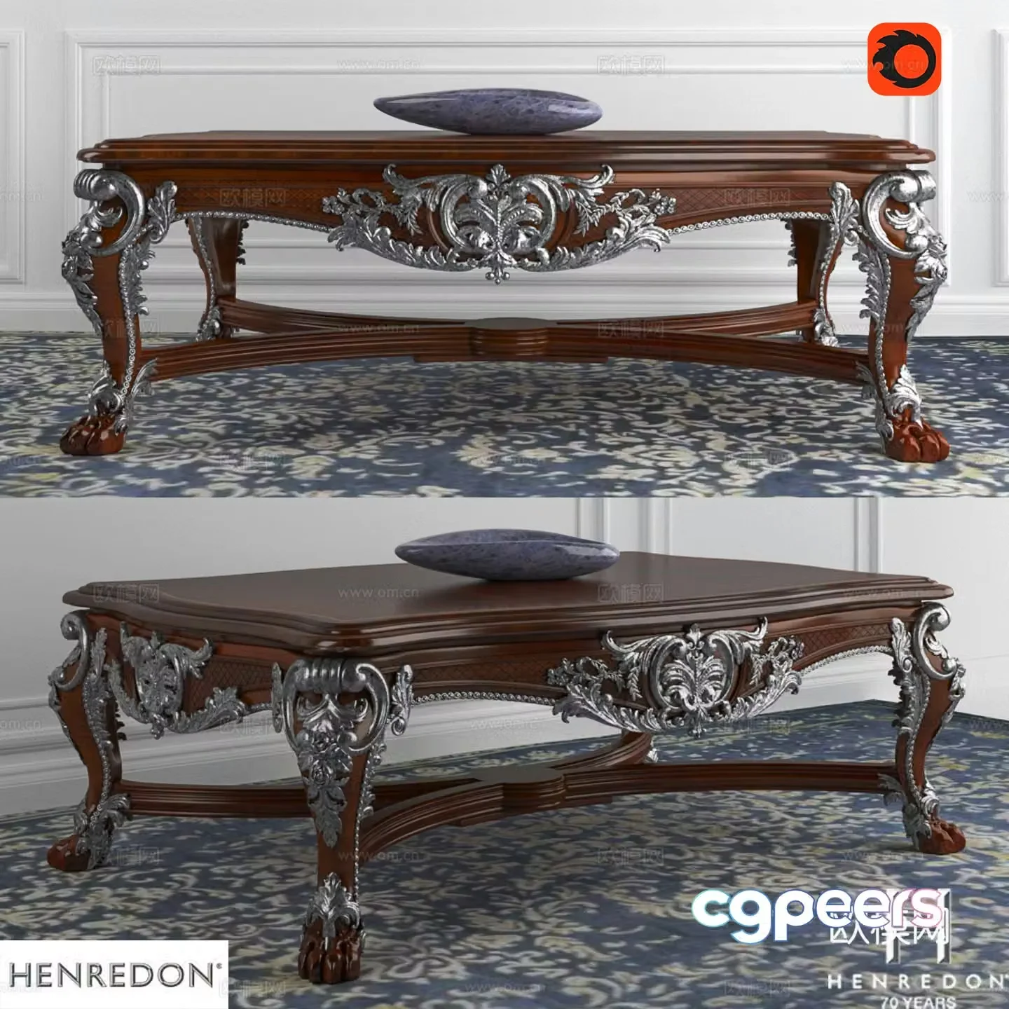 European solid wood carved tea table 3D model