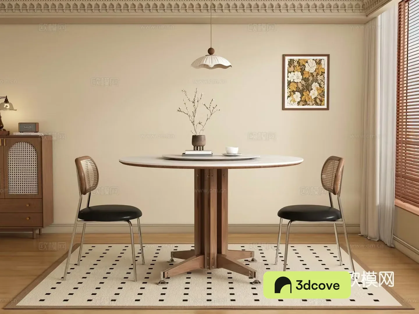 Middle style restaurant round dining table and chair 3D model