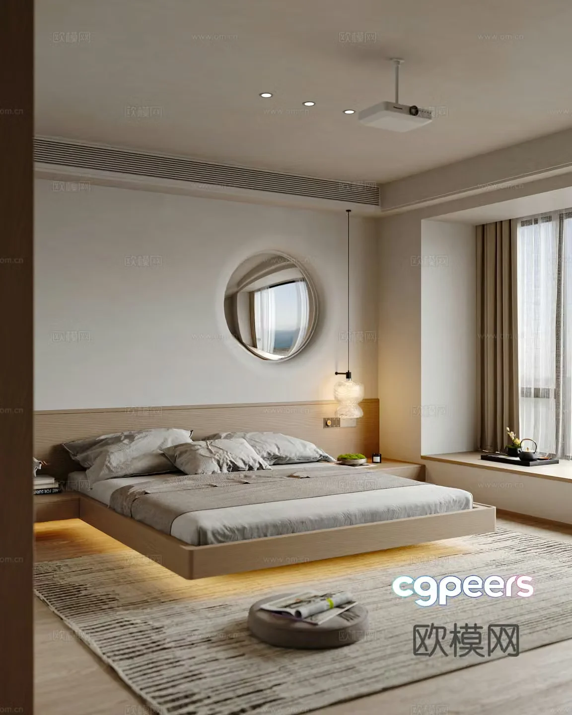Creamy Bedroom Master Bedroom Elderly Room Suspended Bed 3D Model