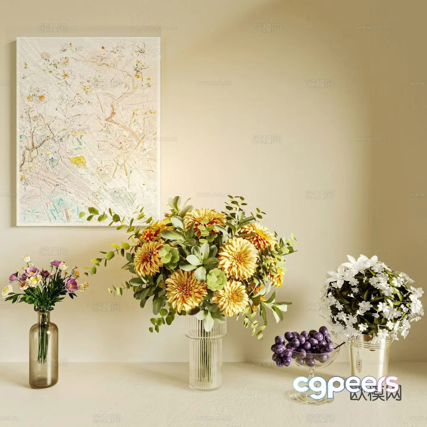 Flower vase grape fruit plate 3d model