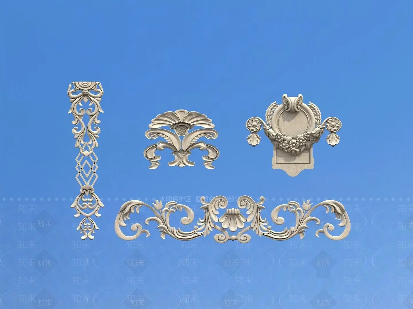 Floral Carvings On A Blue Background 3D Model – 15469 – VRAY Render