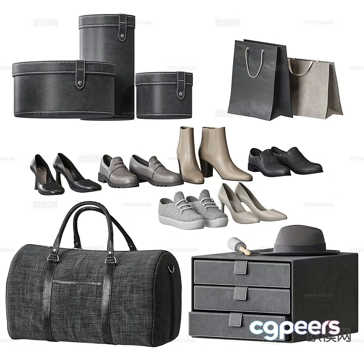 Modern luggage shoes hat 3d model