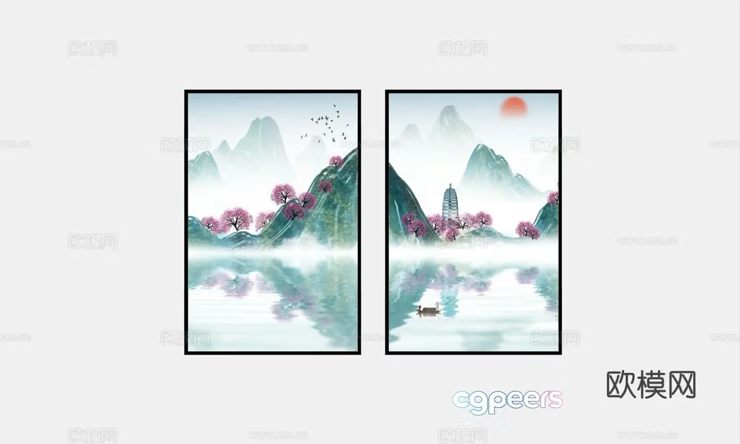 New Chinese style decorative painting landscape painting hanging painting 3D model