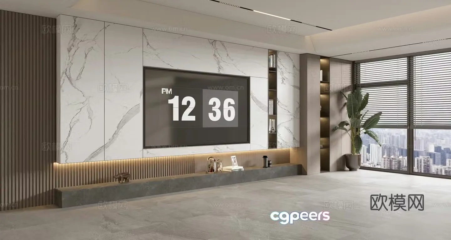 Modern Italian living room light luxury TV background wall full wall TV cabinet marble background wall 3d model