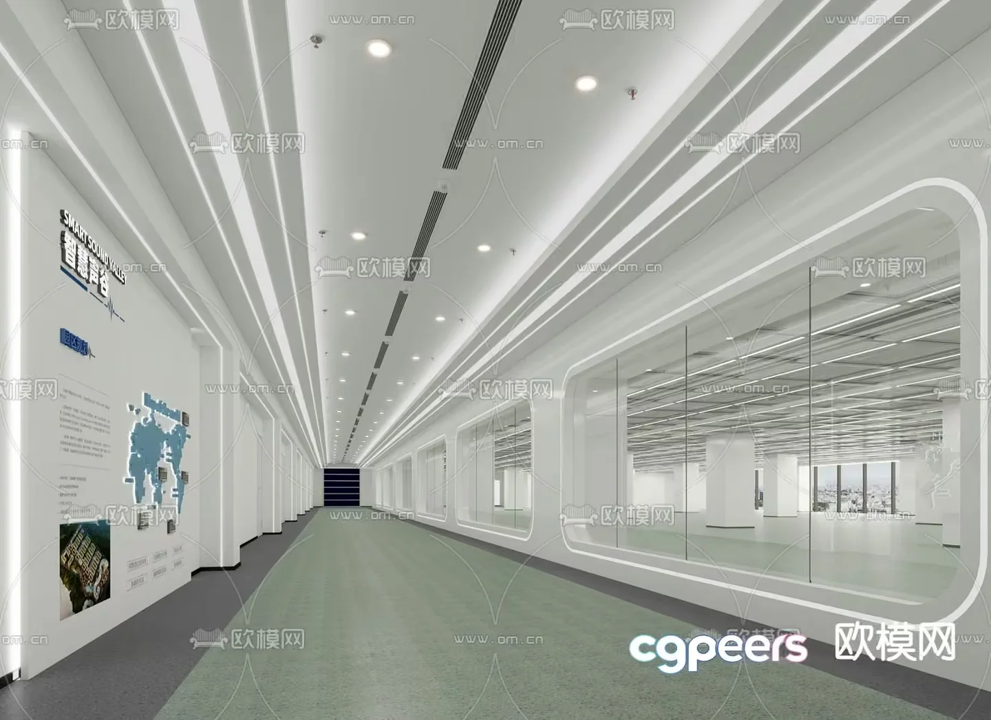 A Large Empty Hallway With White Walls And Ceiling 3D Model – 12413 – VRAY Render