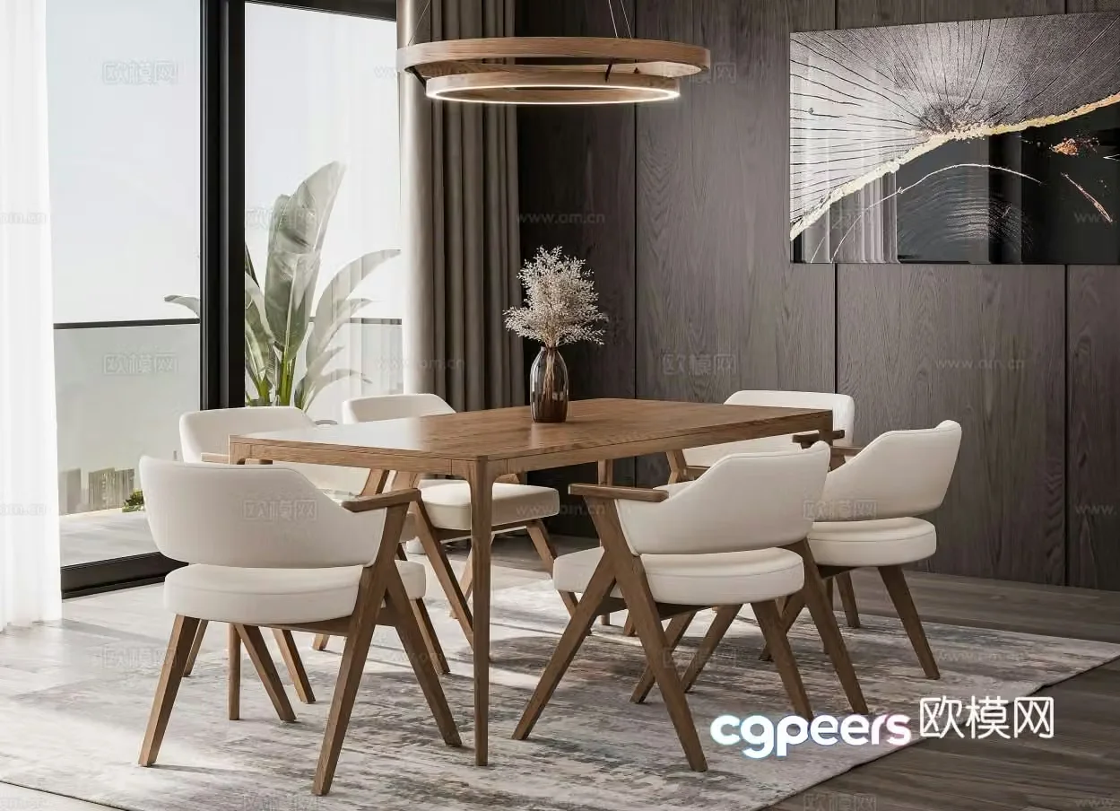 Wabi-sabi dining table and chairs strip dining table 3d model