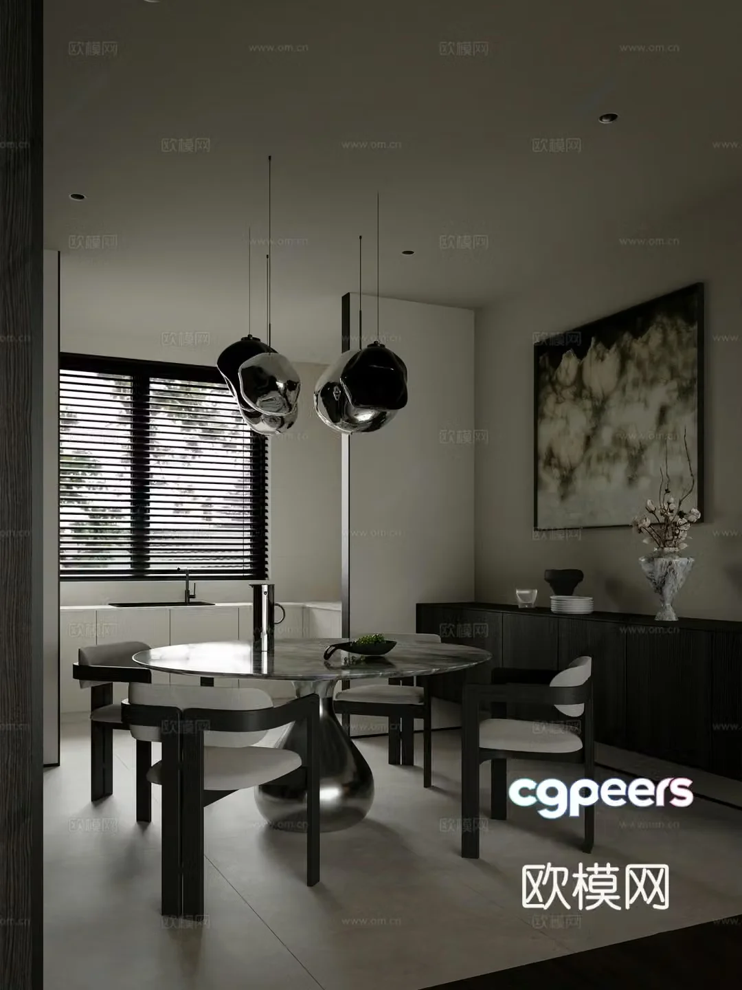 Modern home restaurant special shape dining table and chair combination sideboard restaurant chandeliers 3D model