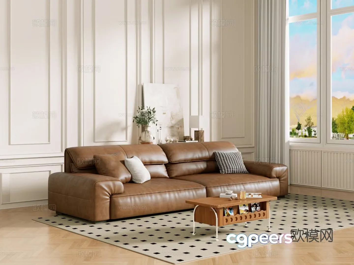 Middle-aged sofa combination coffee table carpet multi-person sofa 3D model