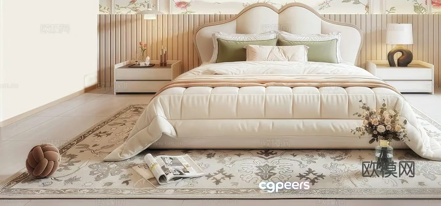 French double bed French carpet nightstand 3d model
